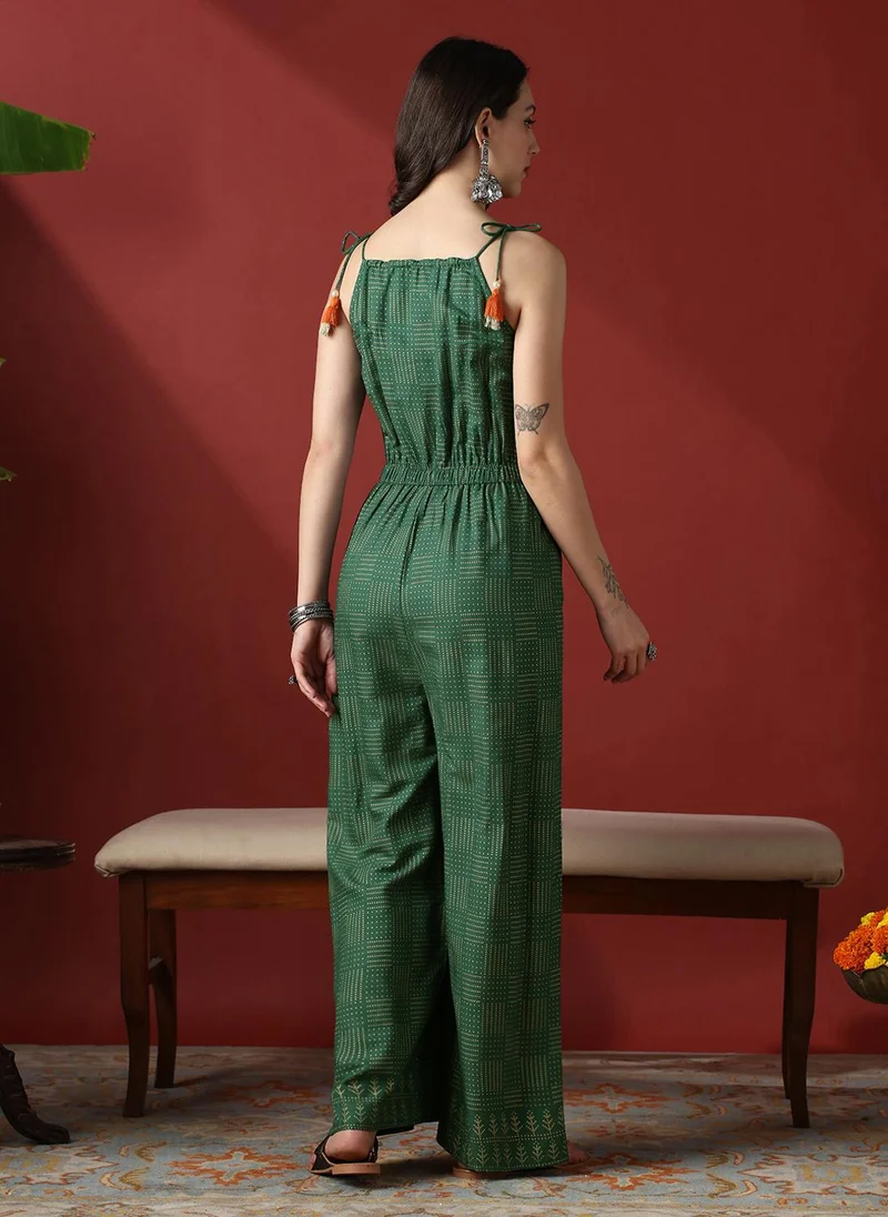 globus Green Globus Women Green Embroidered Yoke & Gold Foil Polka Dot Tie-Up Straps Wide Leg Fusion Jumpsuit for Women | Best Price UAE
